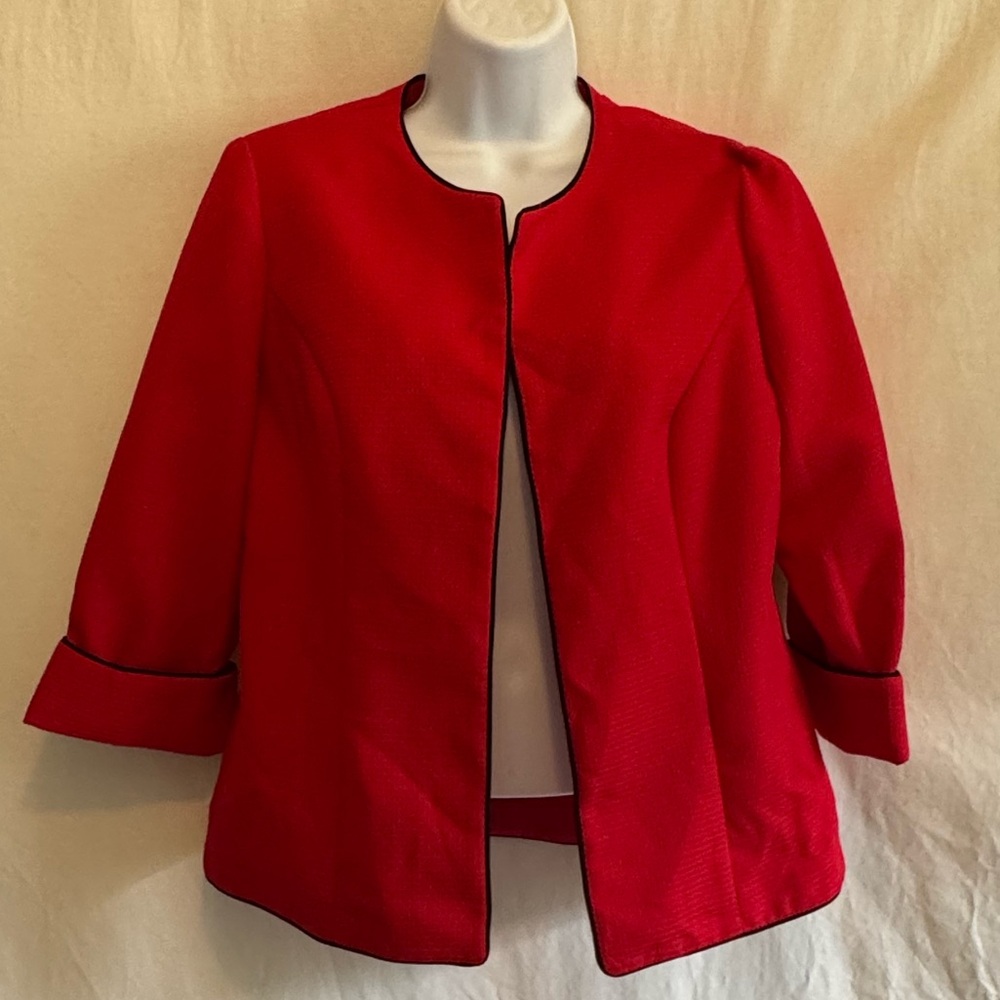 B-68 Perceptions Red with Black Trim Open 1/2 Sleeve Blazer Suit Jacket Size 8